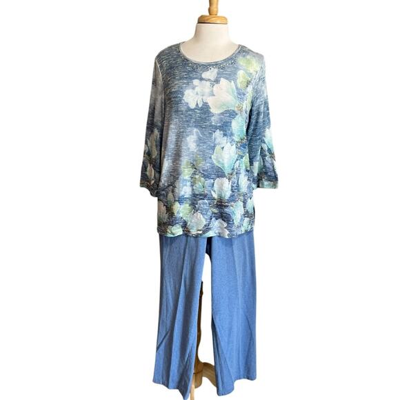Alfred Dunner Women's S/M Boho Floral Blue Top & Pant Set Stretch Knit - Picture 1 of 7
